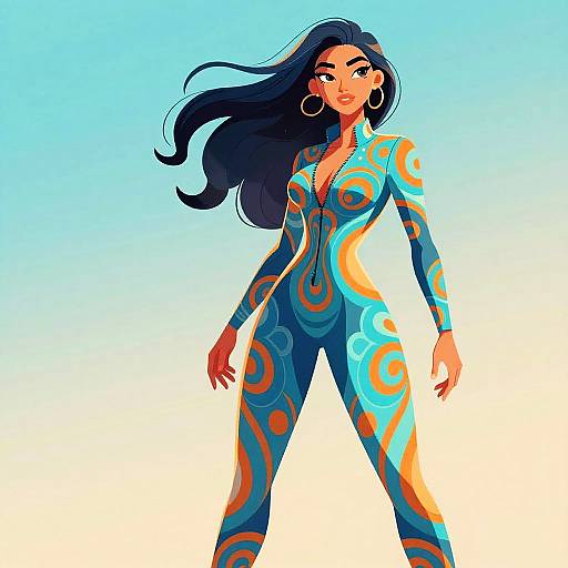 Digital illustration of a confident woman with long black hair, wearing a blue and orange swirl-patterned jumpsuit, standing against a gradient blue-to-white background