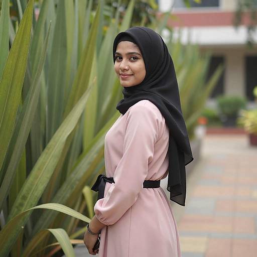 Young Woman in Pink Dress and Black Hijab