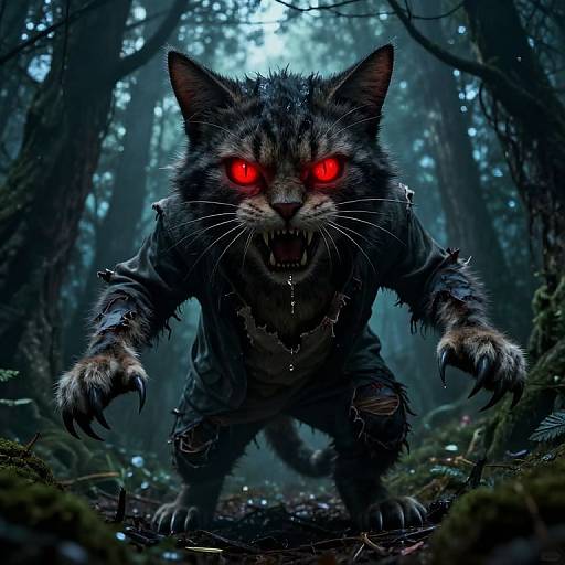 Digital illustration of a fierce, glowing red-eyed, tattered grey tabby cat with sharp claws and bared teeth in a dark, misty forest