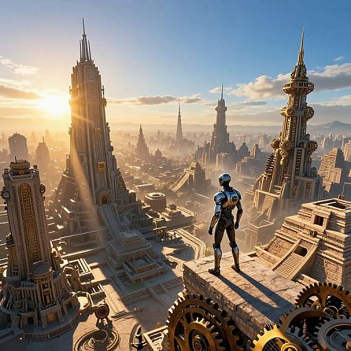 CGI image of a futuristic cityscape at sunset, featuring a futuristic armored figure standing on a rooftop with giant gears, overlooking towering, intricate buildings with