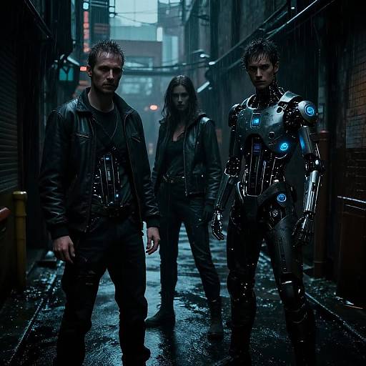 Photorealistic CGI: Dark, rainy alley with three figures; two men in wet leather jackets, one in glowing blue cybernetic armor, standing