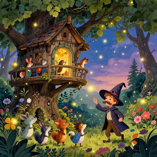Whimsical fairy tale illustration: wizard boy in hat waves at enchanted wooden treehouse with animals, surrounded by glowing fireflies and vibrant flowers at dusk