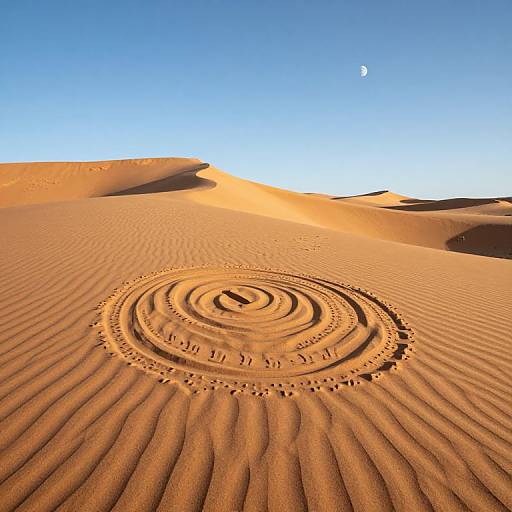 Photograph of a sunlit desert with rippled sand dunes, a large circular camel footprint in the foreground, and a crescent moon in a