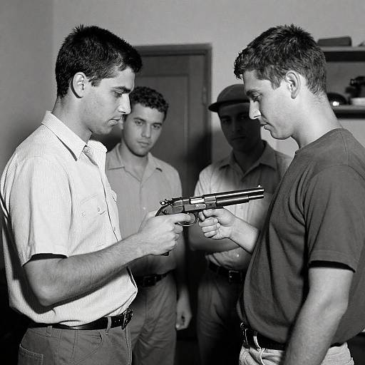 Gritty Black-and-White Men Examining Gun
