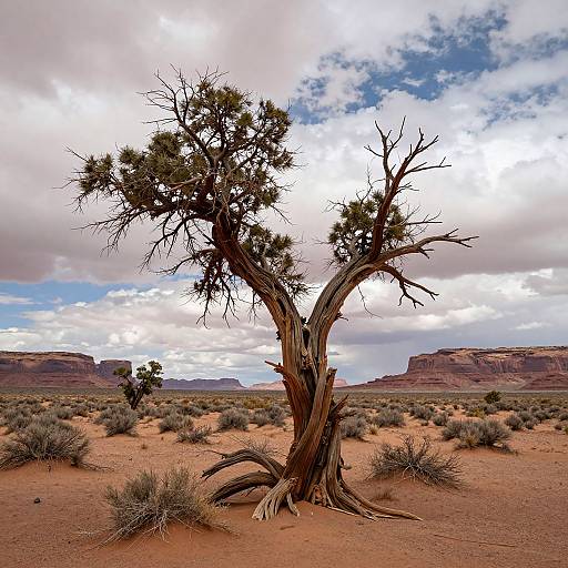 Photograph of a solitary, twisted desert tree with sparse green foliage, set against a dramatic, cloudy sky and red rocky mesas.