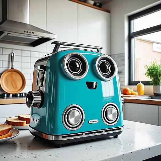 Quirky Blue Toaster Robot in Modern Kitchen