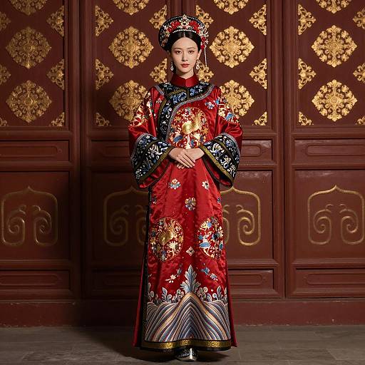 Asian Woman in Traditional Chinese Red and Gold Dress
