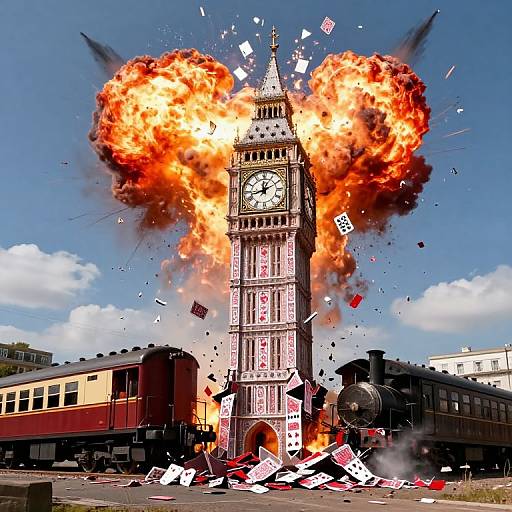 Photograph of Big Ben exploding with fire and debris, surrounded by falling playing cards, a steam train, and red-carriage train.
