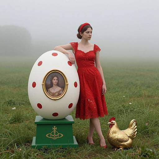 Photograph of a woman in a red dress and headband, standing beside a giant egg with a portrait, and a golden chicken in a foggy
