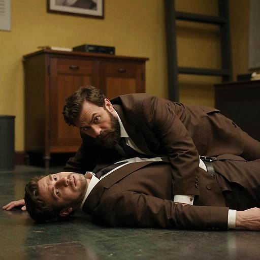 Dramatic Scene with Two Men in Brown Suits