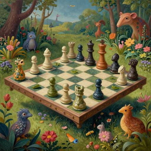 Whimsical digital painting: colorful forest chessboard with animal pieces, surrounded by vibrant flowers, butterflies, and animated birds under sunny skies.