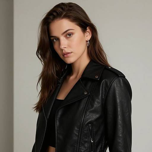 Photograph of a young, white woman with long brown hair, wearing a black leather jacket over a black top, against a plain light gray background.