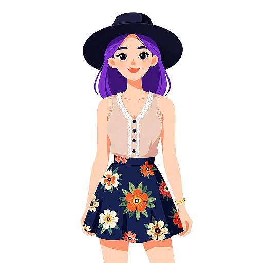 Digital illustration of a smiling woman with purple hair, wearing a black sunhat, white lace blouse, and floral-patterned navy skirt.
