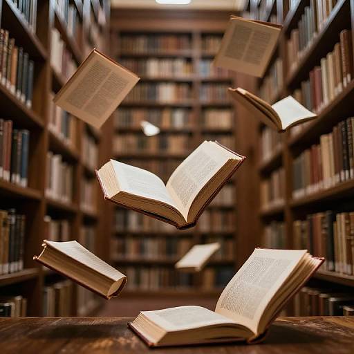 Photograph of open books floating in mid-air within a dimly lit library, surrounded by tall, filled bookshelves in the background.