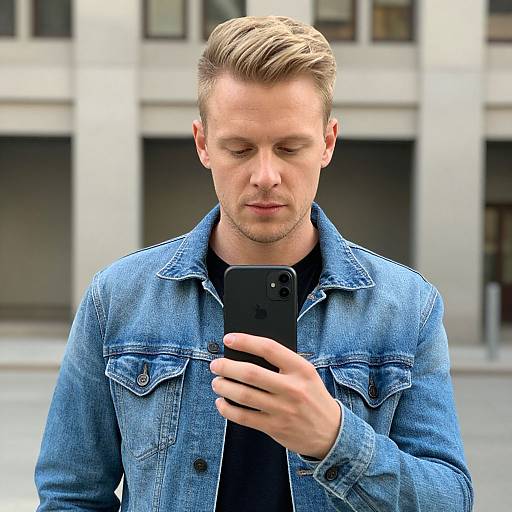 Photograph of a blonde, fair-skinned man with a short, styled haircut, wearing a blue denim jacket and black shirt, focused on his black