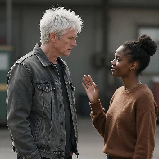 Photograph of a white middle-aged man with spiky gray hair in a denim jacket, facing a young Black woman with a bun, wearing a brown