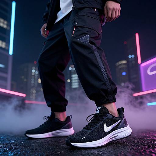 Photograph of a person in black tracksuit and black Nike sneakers, standing on wet ground with neon cityscape and fog background.