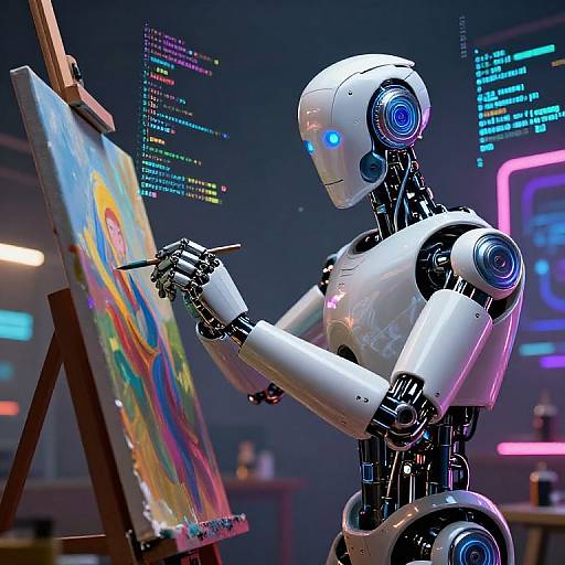 Photorealistic CGI of a white, humanoid robot with glowing blue eyes painting a colorful abstract on an easel in a neon-lit, futuristic studio