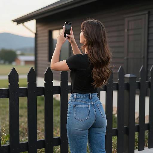 Woman Taking Photo by Black Wooden Fence