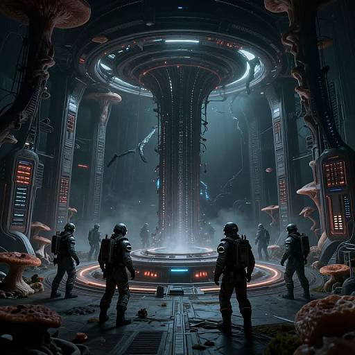 CGI sci-fi scene: Dark, futuristic spaceship interior with glowing blue and red lights, four suited soldiers, alien fungi, and a central, illuminated