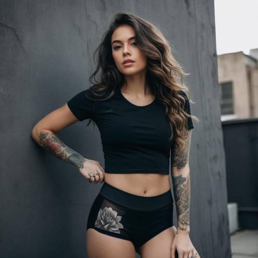 Tattooed Woman in Black Crop Top and Shorts