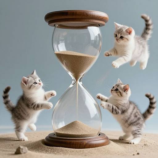 Photograph of three curious, white-and-gray tabby kittens playfully interacting around a wooden hourglass on a sandy surface, against a blue background.