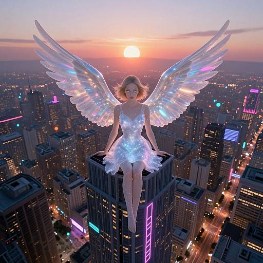 Digital art: Angelic woman with glowing, iridescent wings and white dress sitting on a skyscraper at sunset over a neon-lit city.