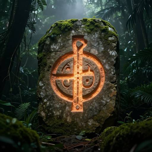 Photorealistic digital art of a glowing, Celtic-style stone cross with a circular design, moss-covered, illuminated in a dark, misty forest.