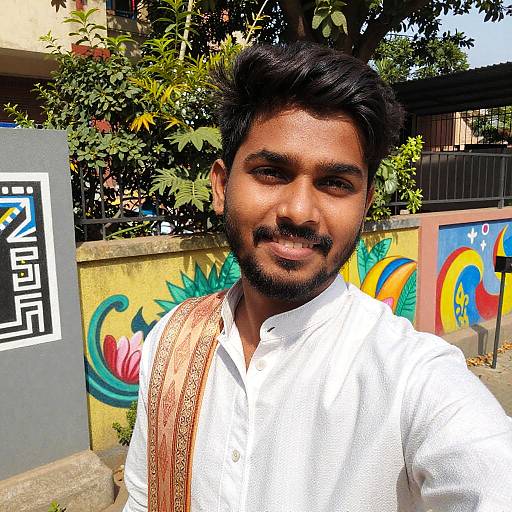 Photograph of a smiling Indian man with dark hair and beard, wearing a white shirt and patterned shoulder strap, standing outdoors against colorful graffiti and leaf