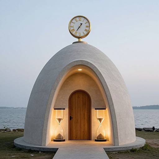 Photograph of a white concrete dome-shaped structure with a wooden door, two illuminated lamps, and a clock on top, set beside a lake at dusk