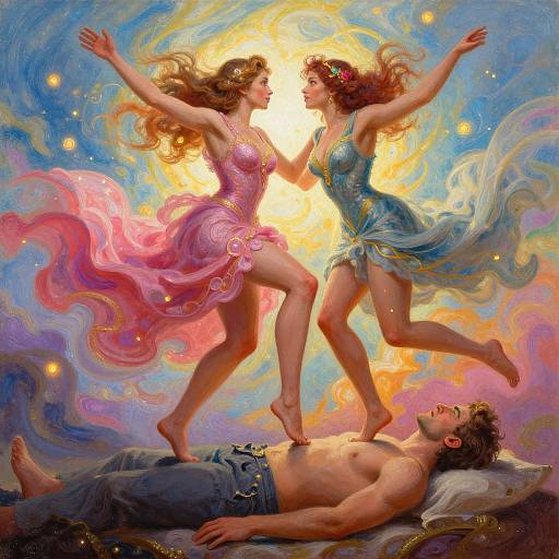 Digital painting of two dancing fairies in pastel dresses, one pink, one blue, standing on a shirtless man's chest in a vibrant,