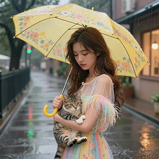 Serene Woman with Umbrella and Cat