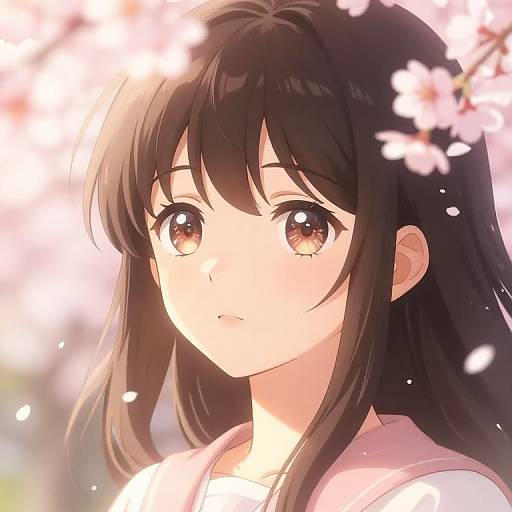Anime-style digital drawing of a young girl with long brown hair, big brown eyes, and soft pink cherry blossoms in the background. She gazes