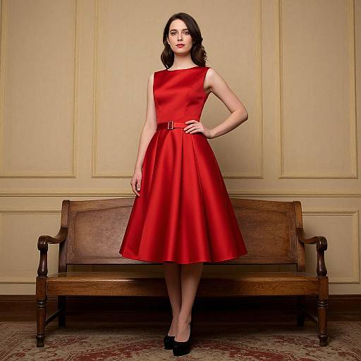 Photograph of a fair-skinned woman with dark hair in a red, sleeveless, knee-length dress with a belt, standing in front of a