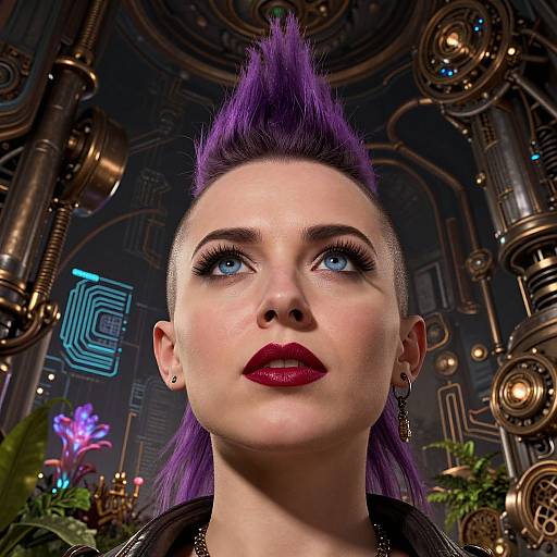 CGI portrait of a pale-skinned woman with vibrant purple mohawk, blue eyes, red lipstick, cyberpunk background with neon lights and metallic structures