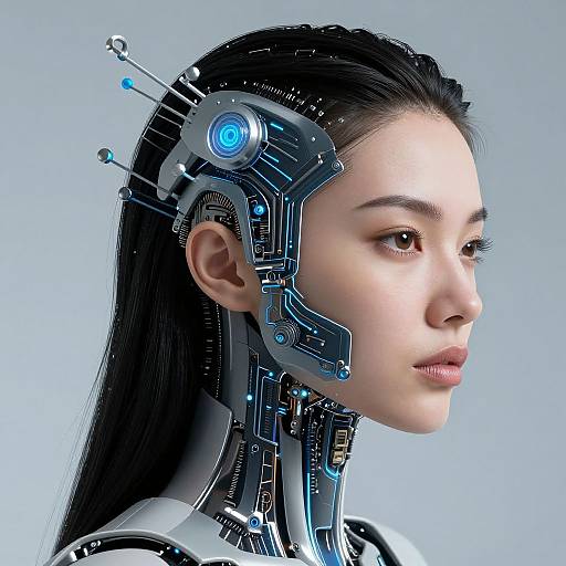 Digital artwork of an Asian woman with long black hair, cybernetic headgear featuring blue glowing lights, and intricate circuitry against a light gray background