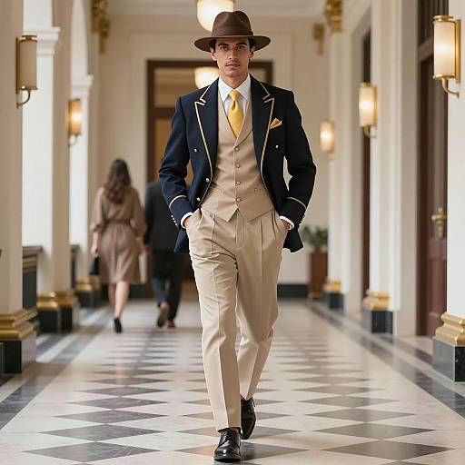 Stylish Man in Retro Formal Outfit Walking in Grand Hallway