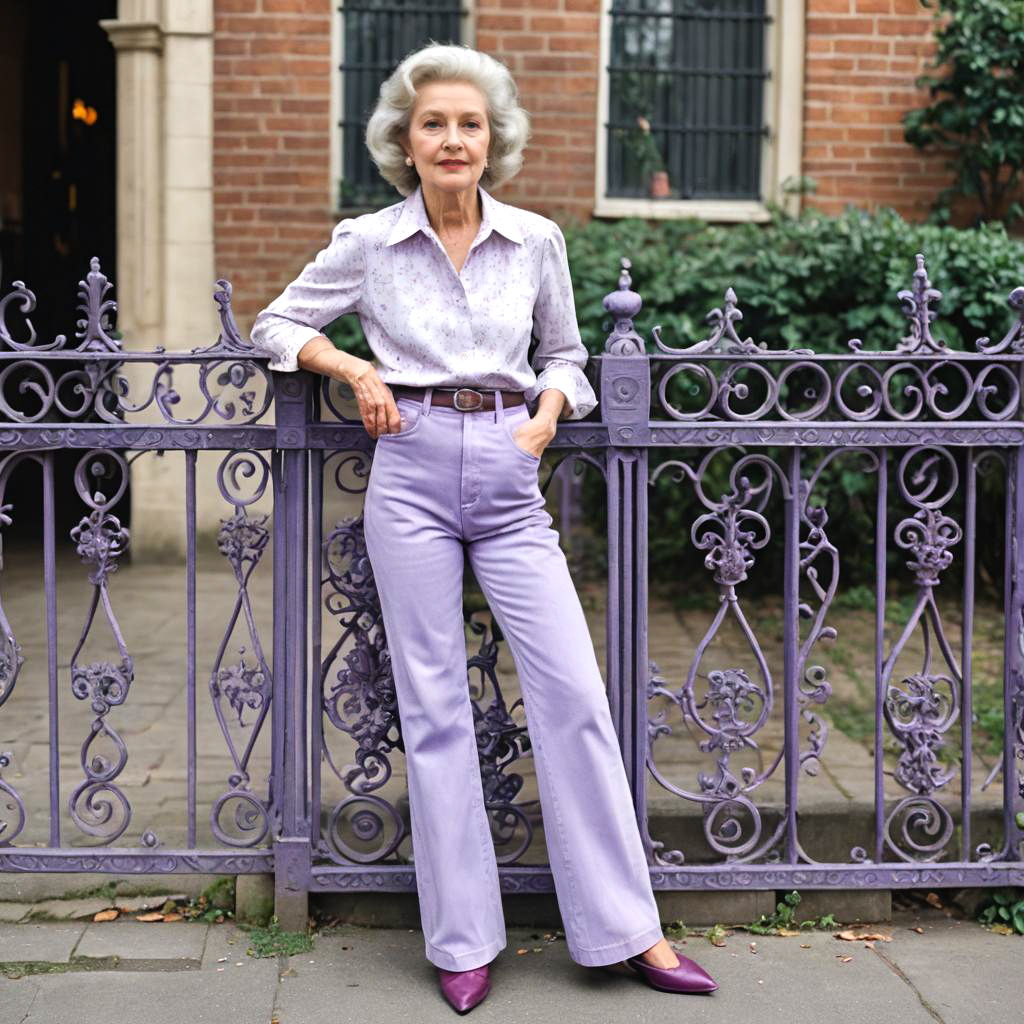 Elderly Woman in Lavender Flared Jeans