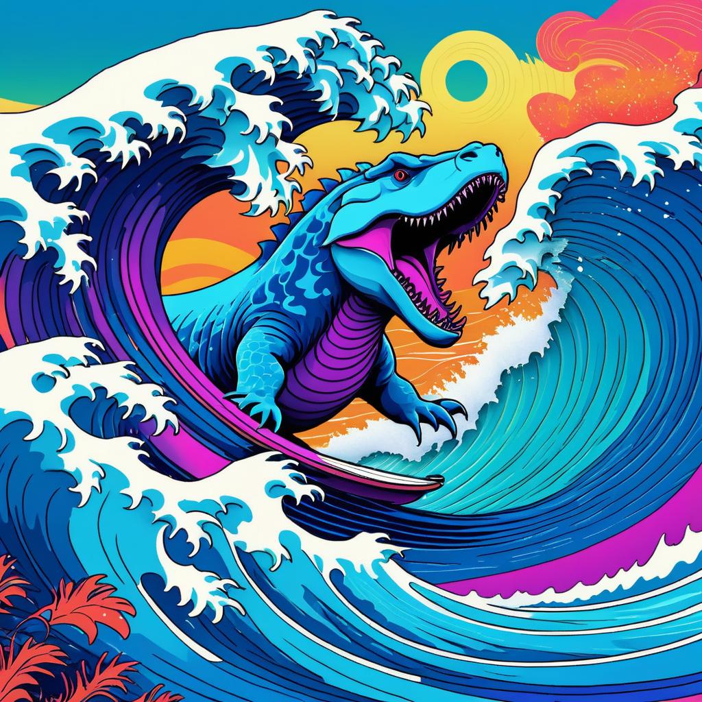 Surreal Surfing Dinosaur with Vibrant Waves