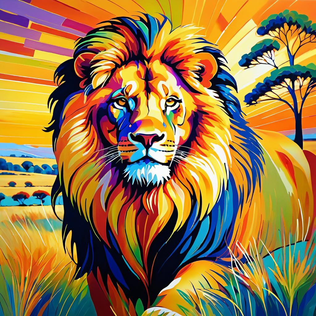 Vibrant Fauvist Lion in Sunset Savanna