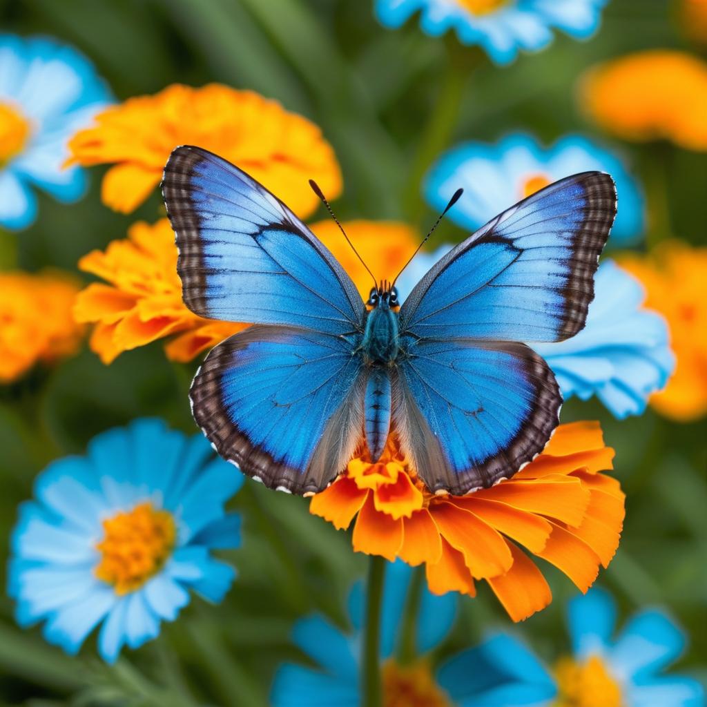 Vibrant Blue Butterfly on Marigold