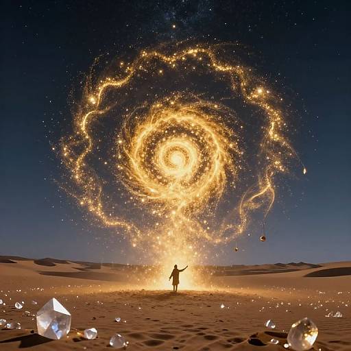 Photograph-like digital illustration of a person in desert, raising arm, creating a swirling vortex of golden light against a starry night sky, surrounded by