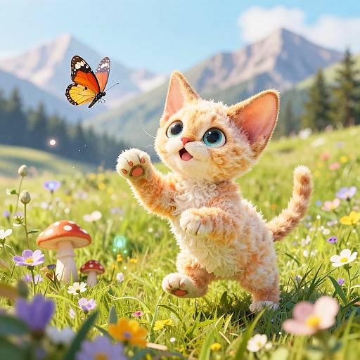 Cute, fluffy orange kitten with big blue eyes reaches up to a colorful butterfly in a vibrant, sunlit meadow with wildflowers and red mushrooms