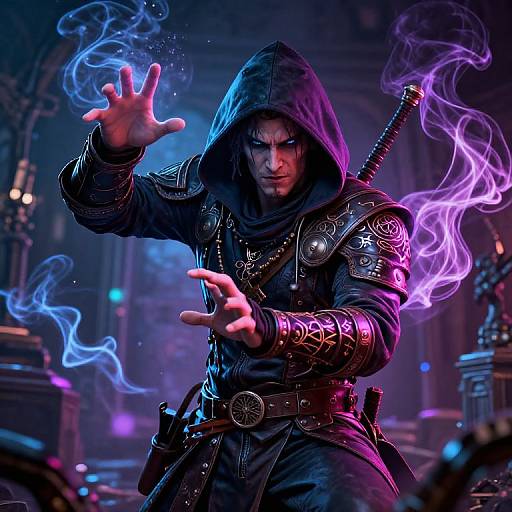 Digital artwork of a hooded, armored mage casting magic with glowing purple and blue smoke, in a dark, futuristic cathedral.
