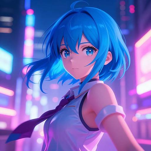Digital anime-style artwork of a blue-haired girl with large blue eyes, wearing a white sleeveless top and black tie, in a neon-lit city
