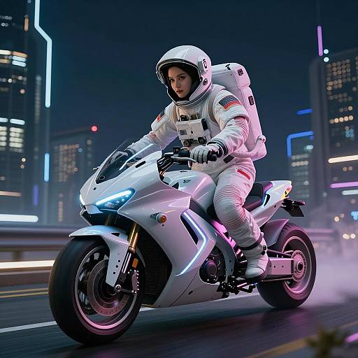 Futuristic Female Astronaut on Neon Hoverbike