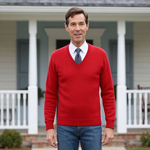 Photograph of a middle-aged man with dark brown hair, wearing a bright red sweater, white shirt, blue tie, and jeans, standing in front
