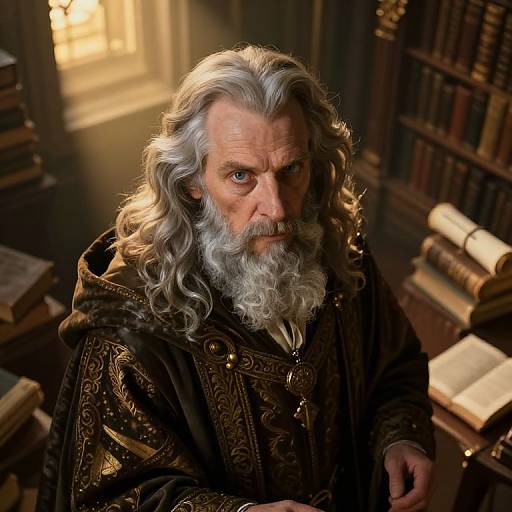 Photorealistic digital portrait of an elderly man with long, wavy gray hair and beard, wearing an ornate, dark brown robe, standing in