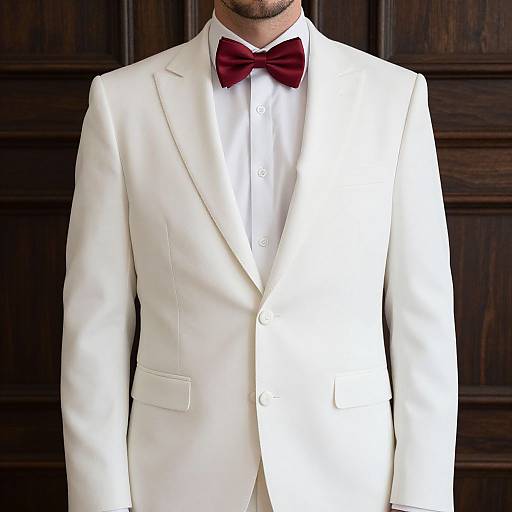 Photograph of a man's upper body wearing a white suit jacket, white dress shirt, and a red bow tie, standing in front of dark wooden