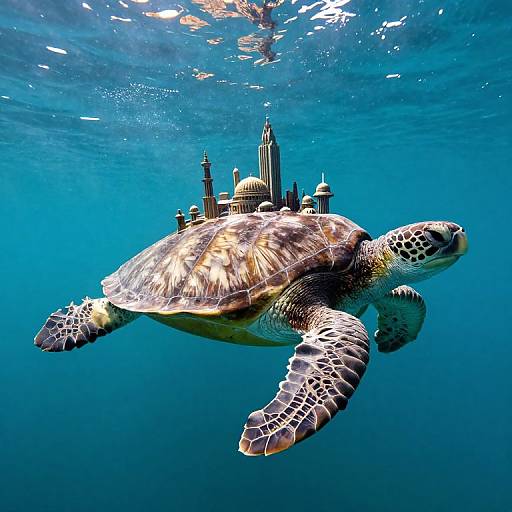 Photograph of a sea turtle swimming underwater with a miniature, detailed cityscape on its back, surrounded by clear blue water.